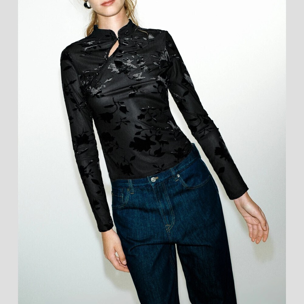 Black Floral Velvet Burnout Mandarin Collar Keyhole Fitted Tee Top